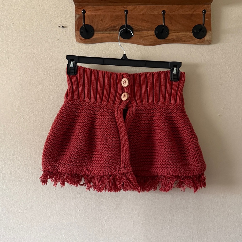 Zara Trafaluc Red Knit Fringe Layering Mini Skirt Open Front 100% Cotton Size M